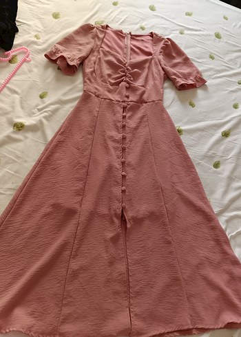 Diğer Düğmeli V Yaka Pembe Uzun Kadın Elbise