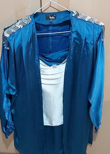 70 ler vintage mavi beyaz parlak saten kumaş  3 lü abiye takim - Görsel 2