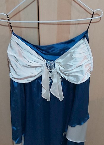 70 ler vintage mavi beyaz parlak saten kumaş  3 lü abiye takim - Görsel 6