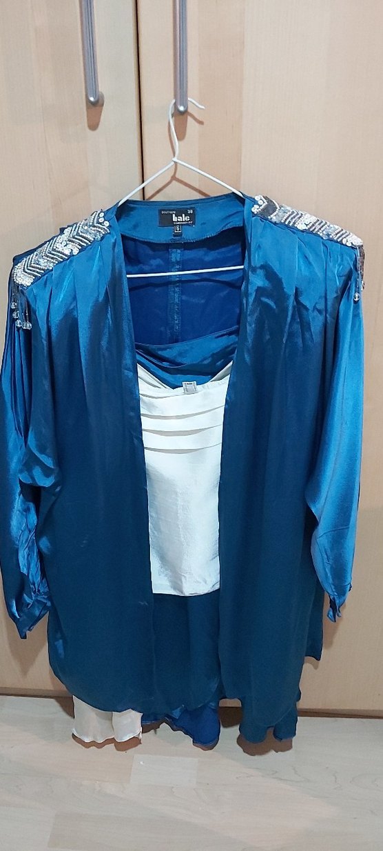 70 ler vintage mavi beyaz parlak saten kumaş  3 lü abiye takim - Görsel 2