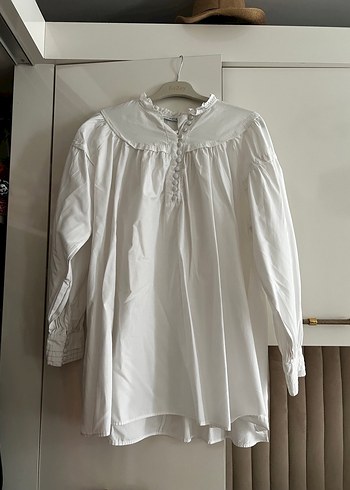 Henna Gelinlik Düğmeli, Uzun Kollu, Bol Kesim Beyaz Keten Gömlek