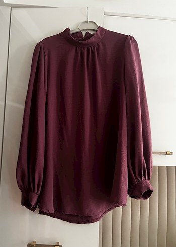 Bordo Yüksek Yakalı Uzun Kollu Bluz