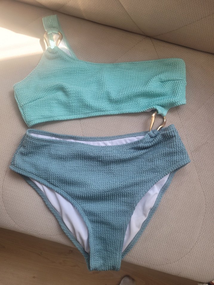 Turkuaz Tek Omuzlu Örgü Mini Mayo - Görsel 2