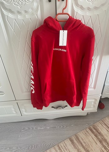 Calvin Klein Canli Kirmizi Kapusonlu Sweatshirt Orjinal Marka