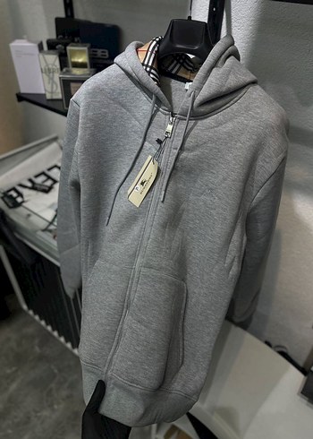 Burberry Gri Melanj Kapusonlu Fermuarli Sweatshirt