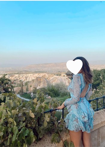 Mavi V Yaka Mini Bohem Elbise