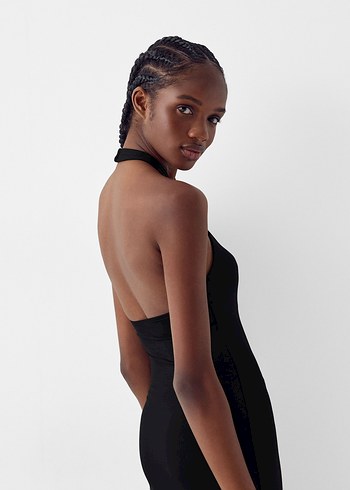 Bershka Siyah Drapeli Uzun V Yaka Kadın Elbise - Görsel 2