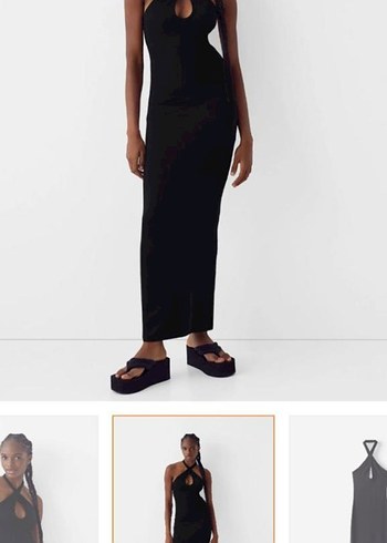 Bershka Siyah Drapeli Uzun V Yaka Kadın Elbise - Görsel 3