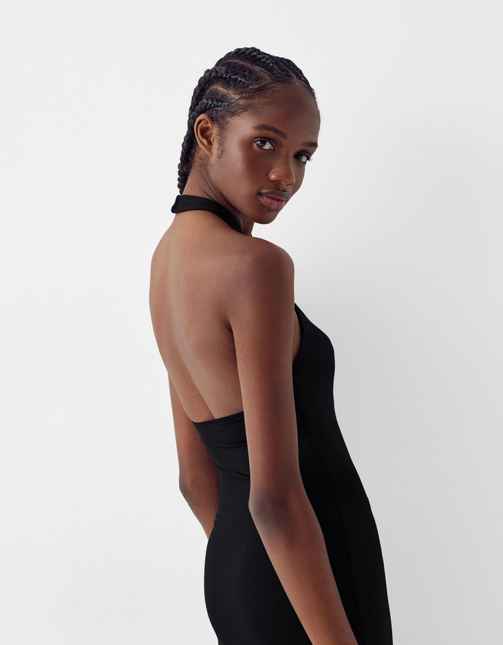 Bershka Siyah Drapeli Uzun V Yaka Kadın Elbise - Görsel 2