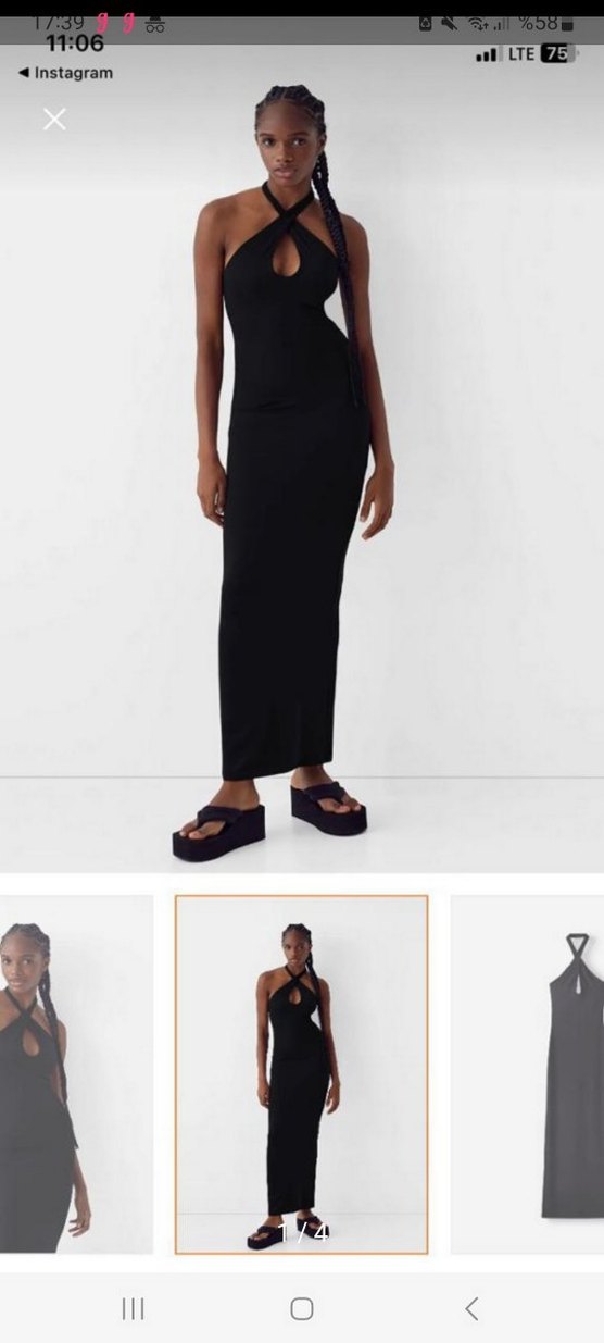 Bershka Siyah Drapeli Uzun V Yaka Kadın Elbise - Görsel 3