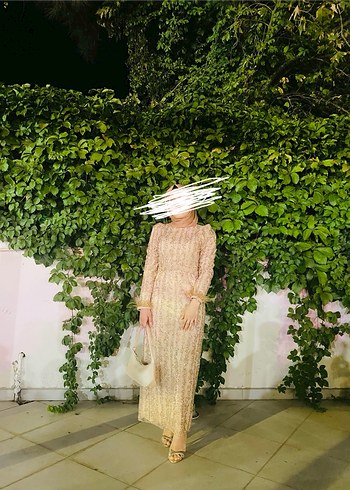 Bej Dantel Detaylı Uzun Abiye Elbise - Görsel 2