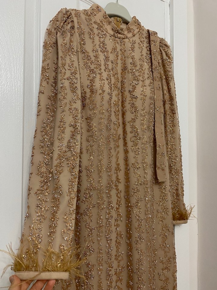 Bej Dantel Detaylı Uzun Abiye Elbise - Görsel 3