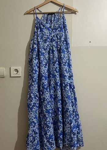 Mavi Uzun Bağlama Desenli Bohem Elbise - Görsel 3