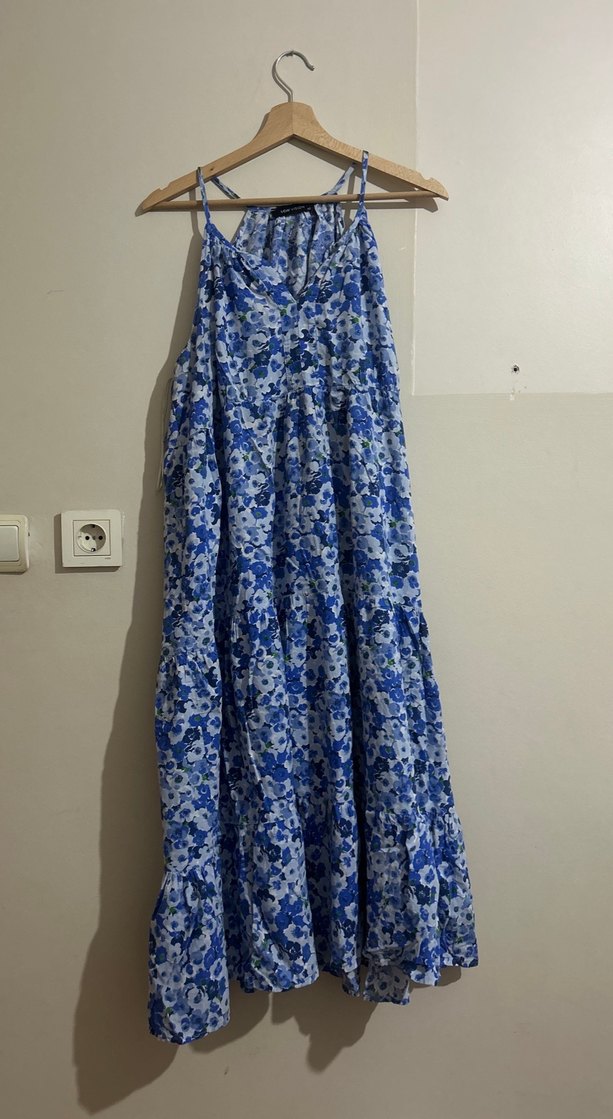 Mavi Uzun Bağlama Desenli Bohem Elbise - Görsel 3