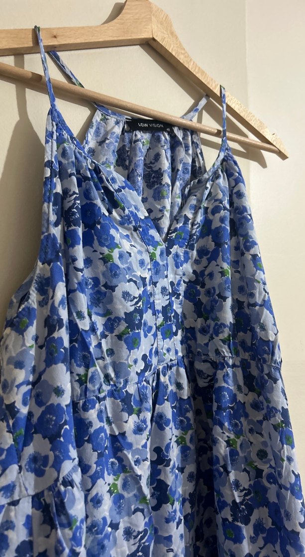 Mavi Uzun Bağlama Desenli Bohem Elbise - Görsel 2