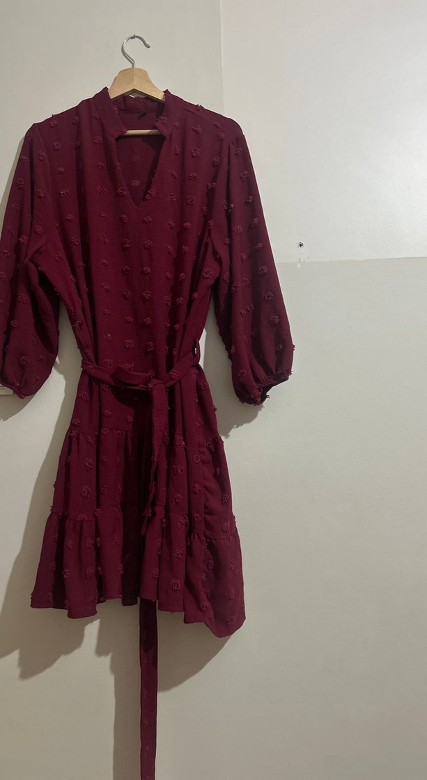 Bordo Nakışlı Bohem Midi Elbise - Görsel 3