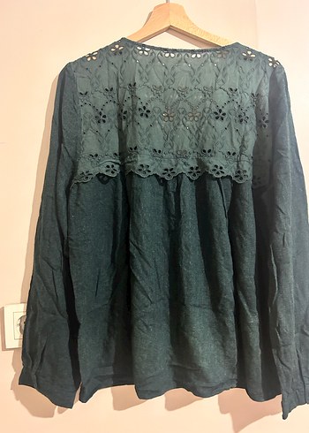 Düğmeli Koyu Yeşil Keten Kadın Gömlek - Görsel 4