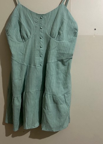 Düğmeli mint yeşili Keten Mini Elbise - Görsel 3