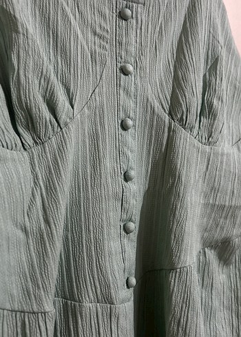 Düğmeli mint yeşili Keten Mini Elbise - Görsel 2