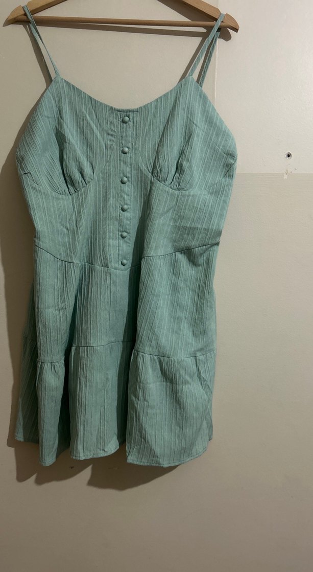 Düğmeli mint yeşili Keten Mini Elbise - Görsel 3