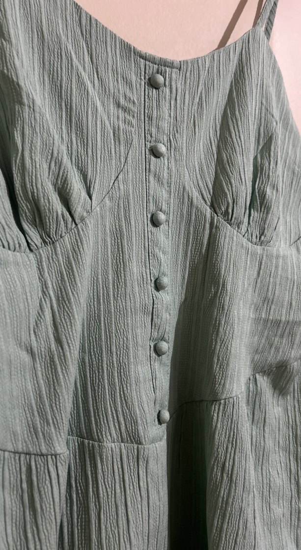 Düğmeli mint yeşili Keten Mini Elbise - Görsel 2