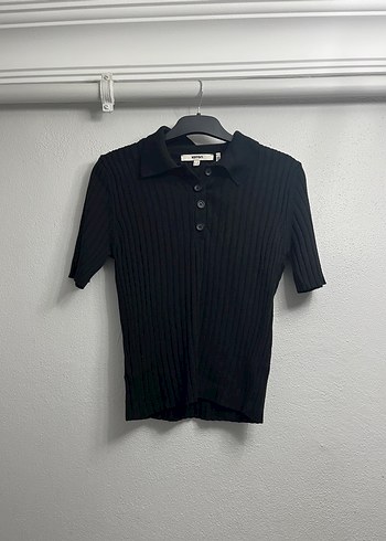 Koton Siyah Polo Yaka Fitilli Triko Tisort Bluz