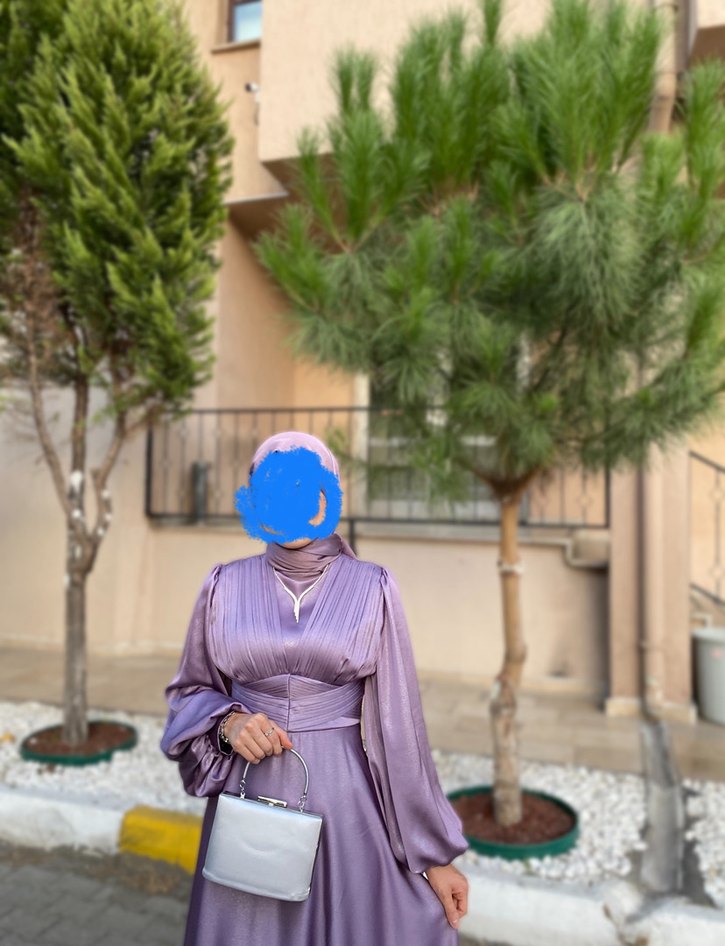 Uzun Kol, Yakalı Mor Abiye Elbise - Görsel 2