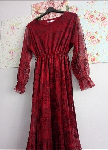 BORDO şifon kusursuz Uzun şık Abiye Elbise ( kuşagı var) - Görsel 2