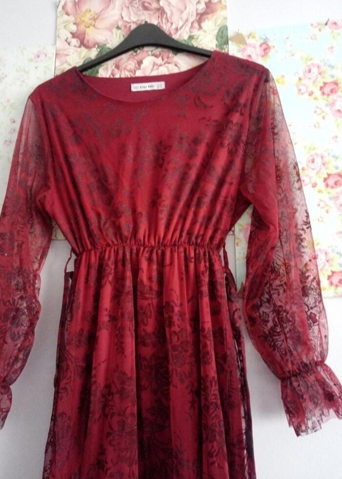 BORDO  şifon kusursuz   Uzun şık Abiye Elbise ( kuşagı var) - Görsel 4