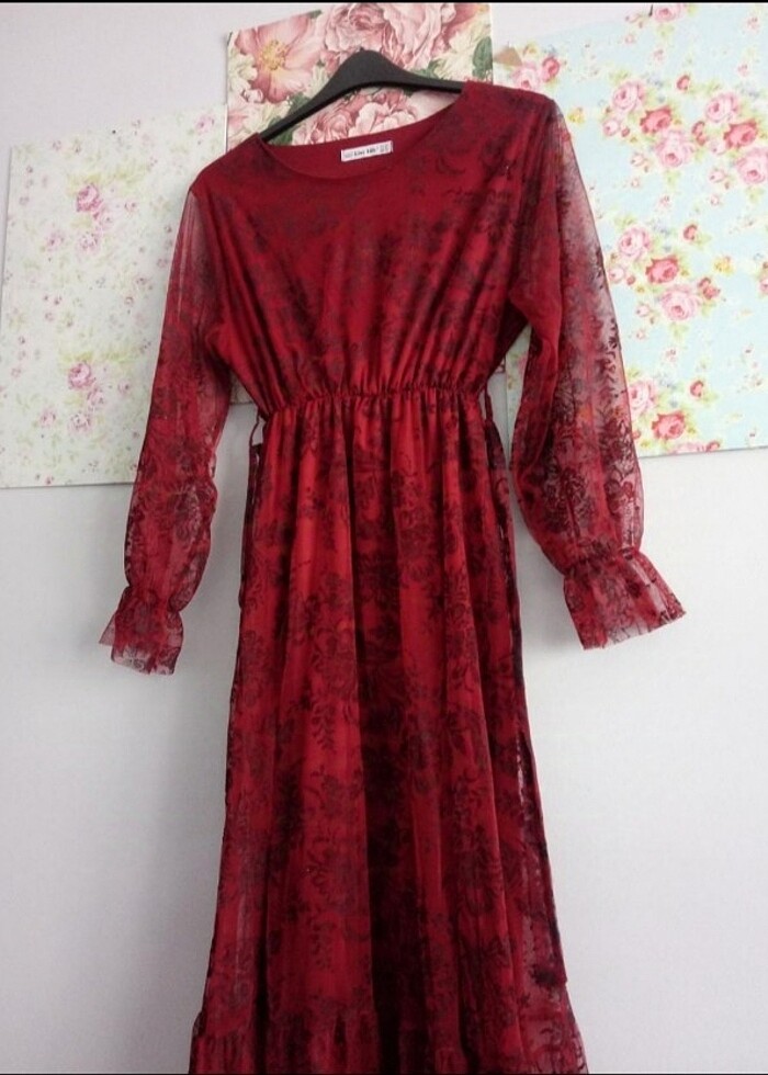 BORDO  şifon kusursuz   Uzun şık Abiye Elbise ( kuşagı var) - Görsel 2