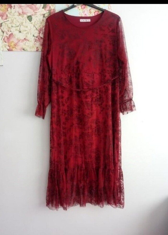 BORDO  şifon kusursuz   Uzun şık Abiye Elbise ( kuşagı var) - Görsel 3