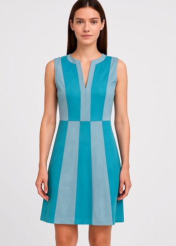 İpekyol Turkuaz Gri Süet V Yaka Midi Elbise - Görsel 8