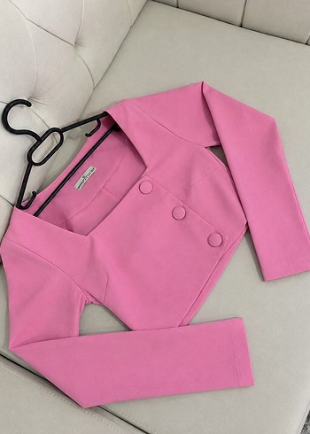 Diğer Canli Pembe V Yaka Kisa Blazer