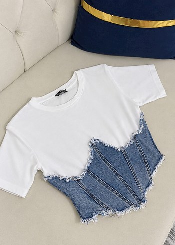 Diğer Beyaz Ust Mavi Denim Crop Bluz Sehir Stili