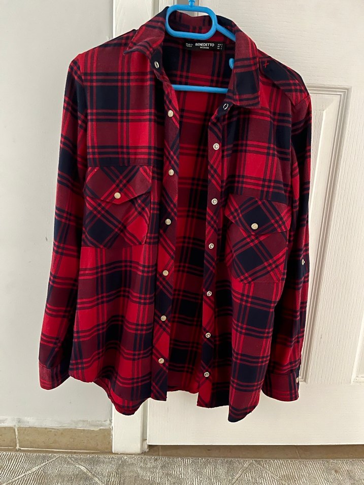 Kadın Kırmızı Kareli Düğmeli Gömlek - Görsel 4