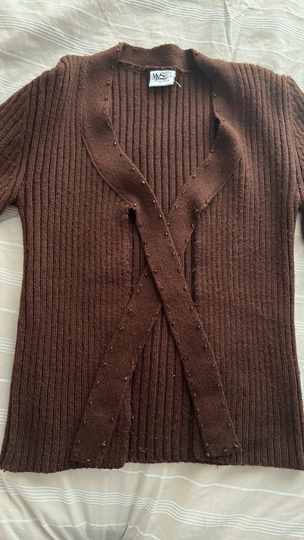 Kahverengi V Yaka Kadın Triko Kazak - Görsel 2