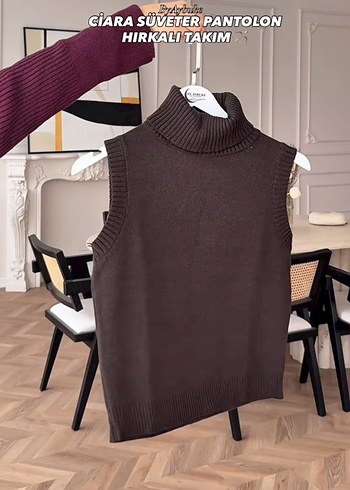 Kahverengi Triko Kadın Uzun Takım üç parça - Görsel 4