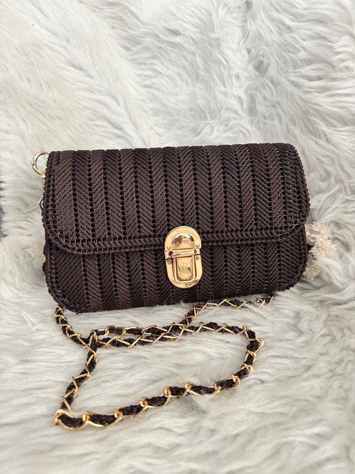Kahverengi Zincir Detaylı Örgü Kadın Çanta - Görsel 3