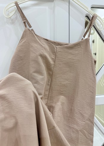 Bej Keten V Yaka Uzun Salaş Elbise - Görsel 4