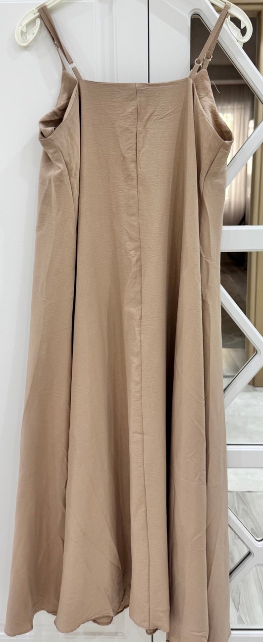 Bej Keten V Yaka Uzun Salaş Elbise - Görsel 2