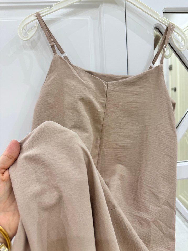 Bej Keten V Yaka Uzun Salaş Elbise - Görsel 5