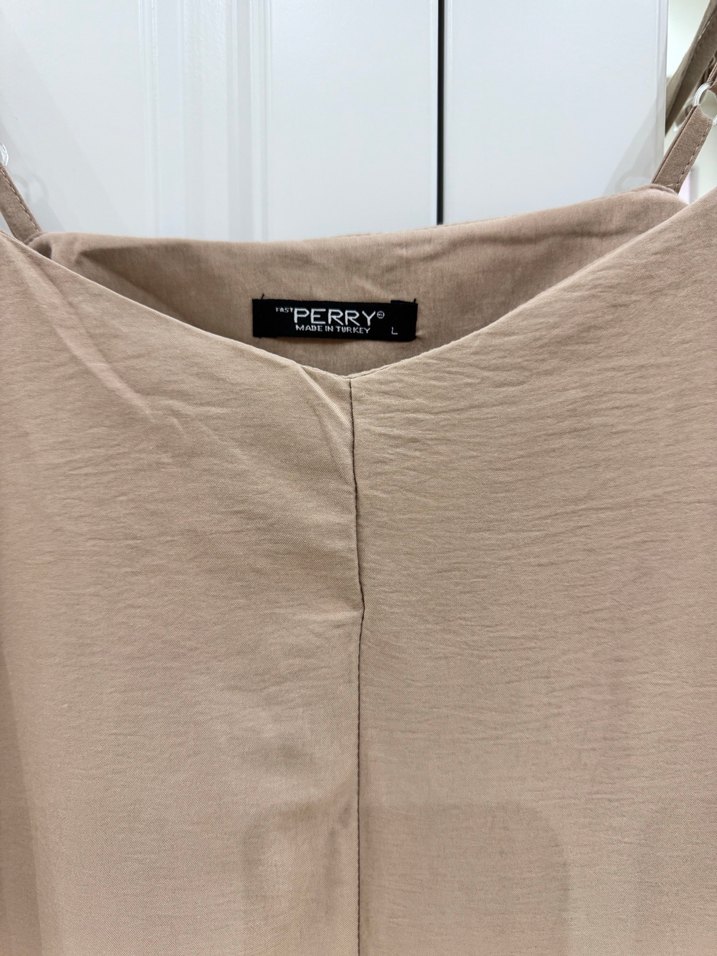 Bej Keten V Yaka Uzun Salaş Elbise - Görsel 3