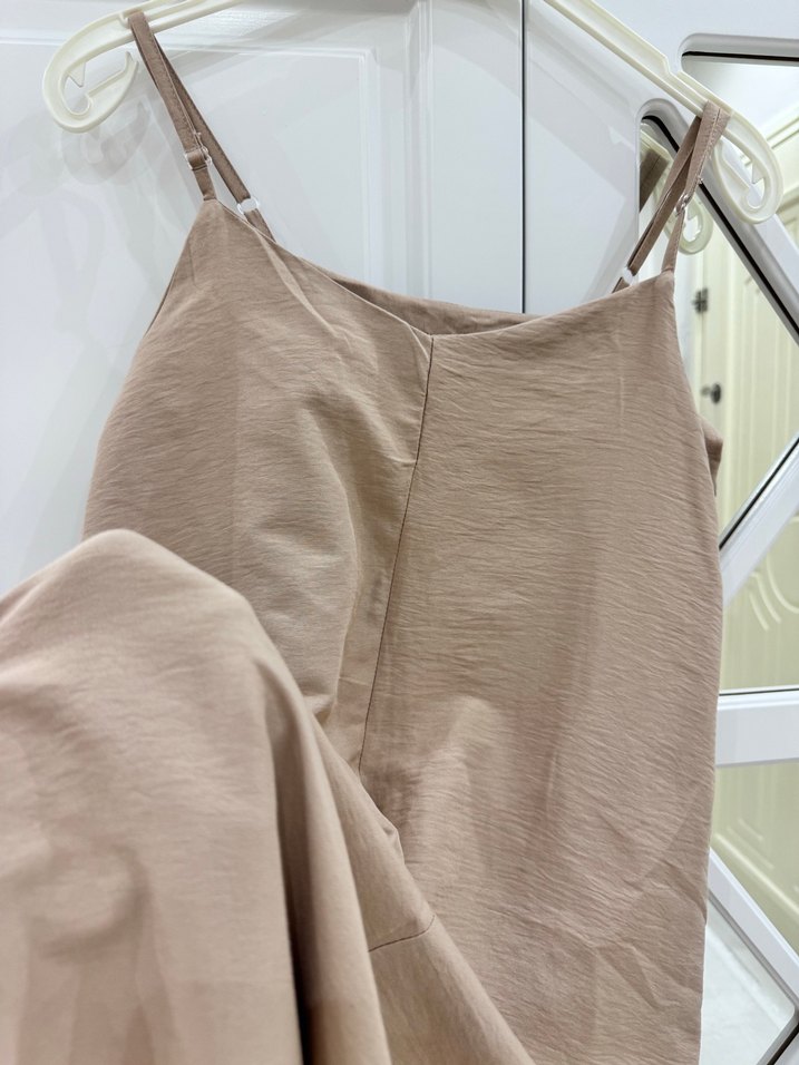 Bej Keten V Yaka Uzun Salaş Elbise - Görsel 4