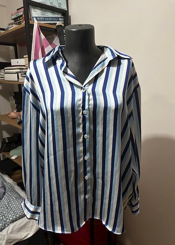 American Retro Mavi Cizgili Rahat Gomlek