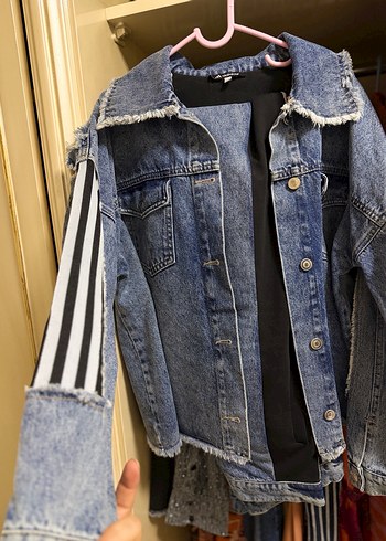 Adidas Düğmeli Koyu Mavi Kadın Denim Ceket takım - Görsel 2