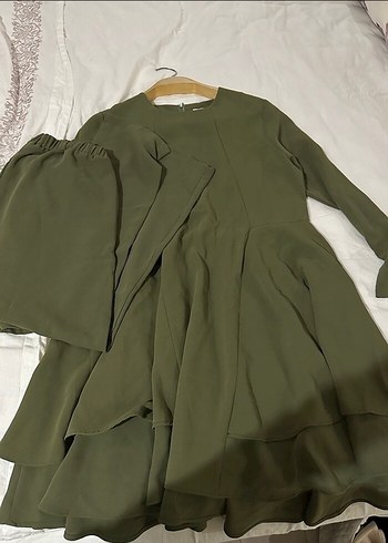 Kadın Haki Uzun Kollu Pilili Keten Tunik takım - Görsel 2