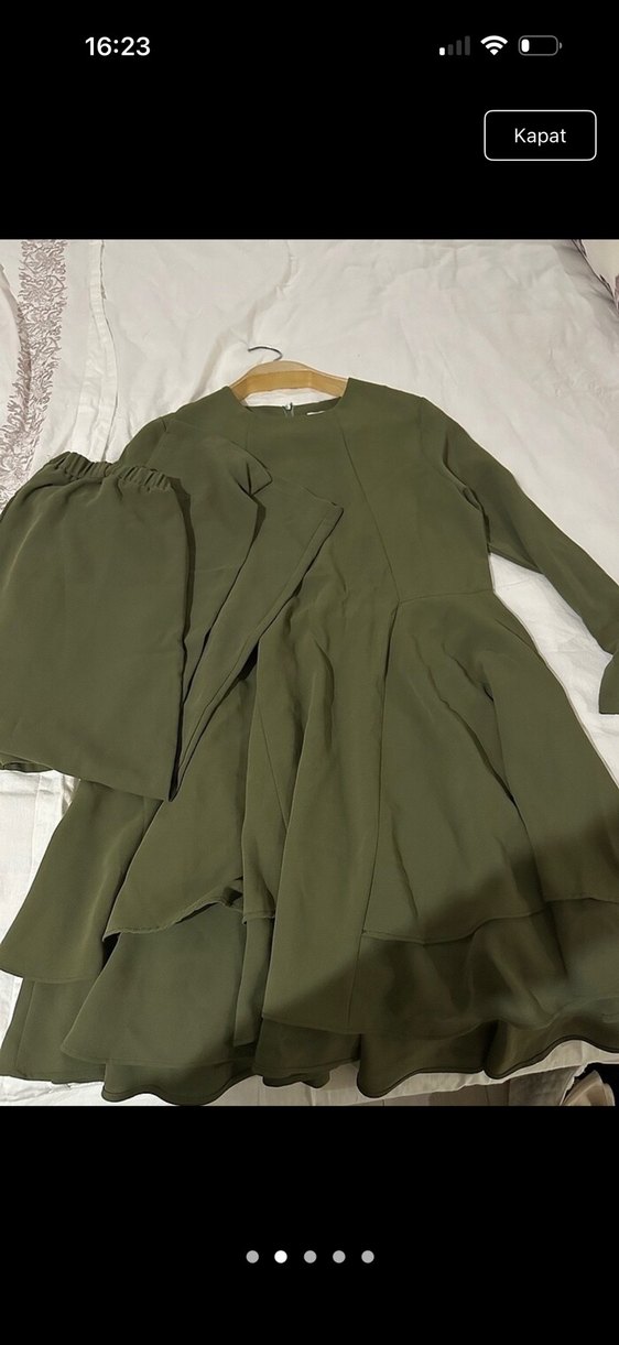 Kadın Haki Uzun Kollu Pilili Keten Tunik takım - Görsel 2