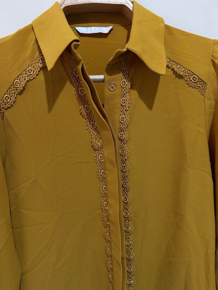 Serpil marka Sarı Vintage Düğmeli Uzun Kollu Kadın Gömlek - Görsel 2