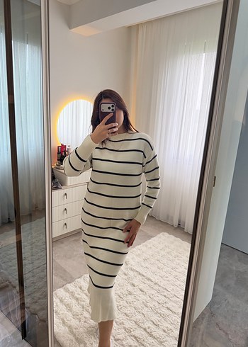 Trendyol & Milla Ekru Siyah Cizgili U Yaka Triko Elbise
