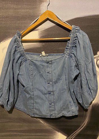 H&M H Am Acik Mavi Denim Balon Kollu Crop Bluz